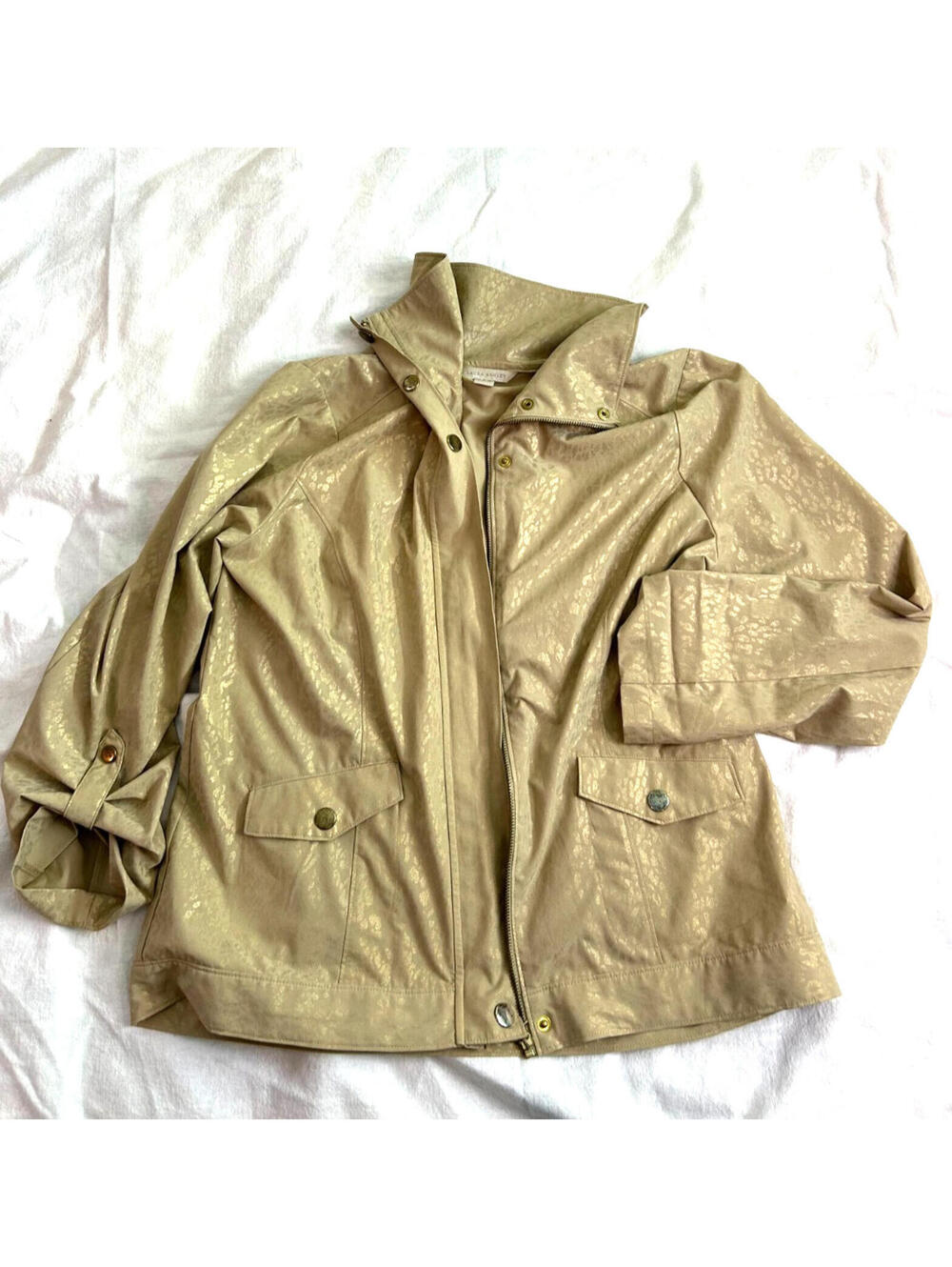 Laura Ashley Metallic Gold Khaki Jacket Sz L Safari Utility Jungle Lightweight